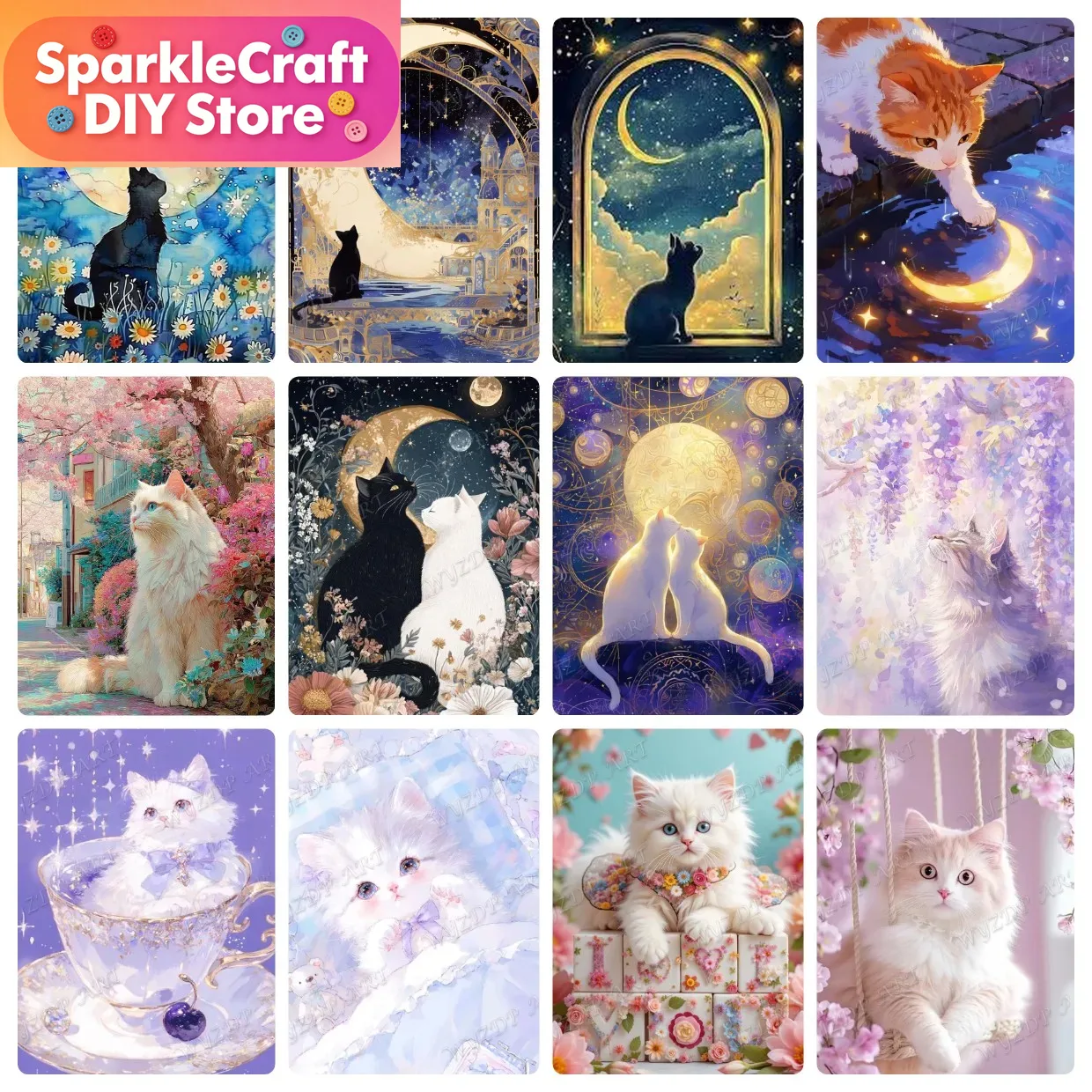 Animal Cat Moon Diamond Painti - Embroidery Embellishments incelemesi ve fiyatı