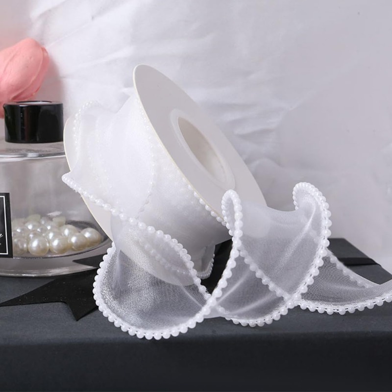 5 Yards White Faux Pearl Edge  - Organza Ribbon Spool incelemesi ve fiyatı